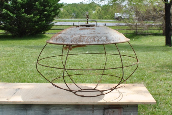 Vintage Metal Brooder Light with Wire Cage for Restoration