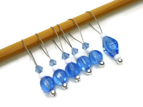 Stitch Markers, Blue White, Knitting, Beaded, Snag Free, Gift for Knitter