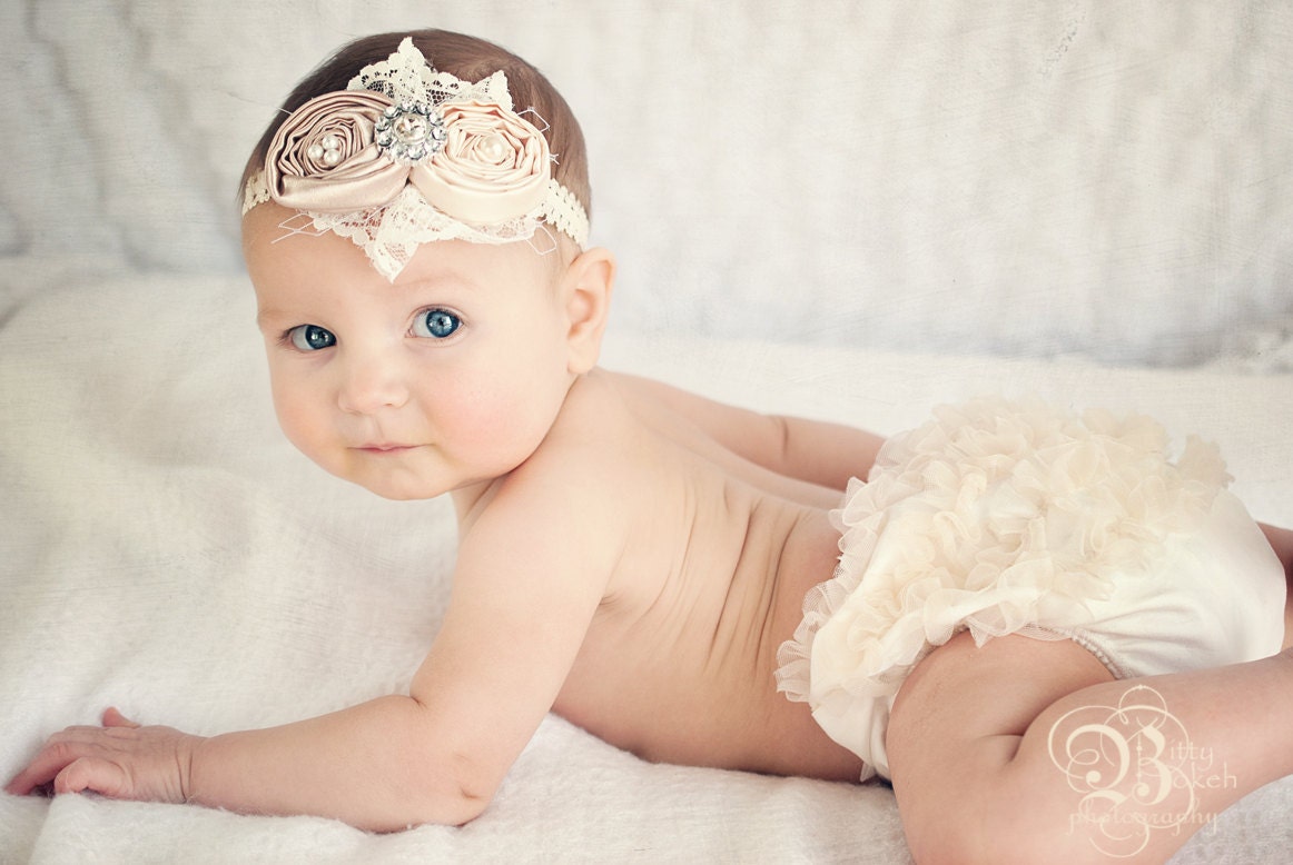 288 New baby headband ivory 551 Infant Headband and Diaper cover..Ivory Baby headband by Ellasbows 