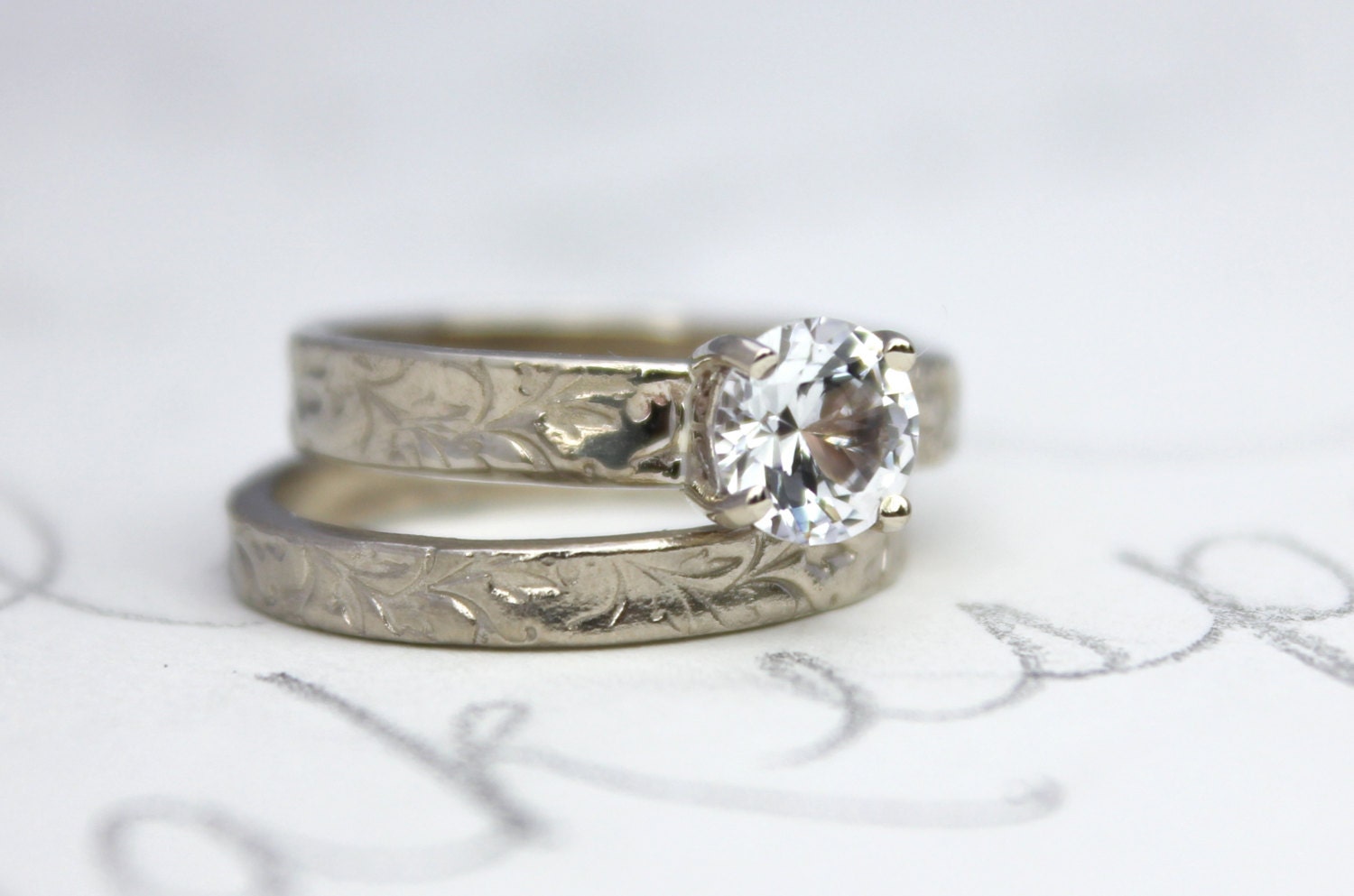 custom white sapphire engagement ring wedding band set