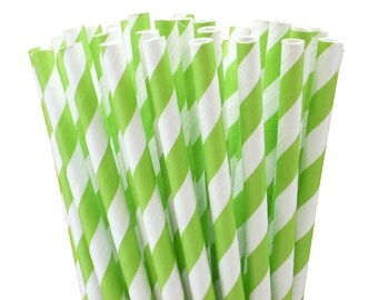 25 Lime Green Striped Paper Straws with Printable Party Flags PDF File