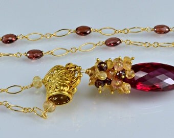 Red Topaz Gemstone Necklace Imperial Topaz Garnet 14k Gold Filled Wire Wrapped Necklace, Crimson Abyss