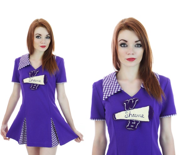 Mod Cheerleader Uniform 60s Micro Mini Dress Outfit Sixties Purple Pleated Skirt Cosplay Sexy 1960s 70s Tennis Go-Go Retro S M Small Medium