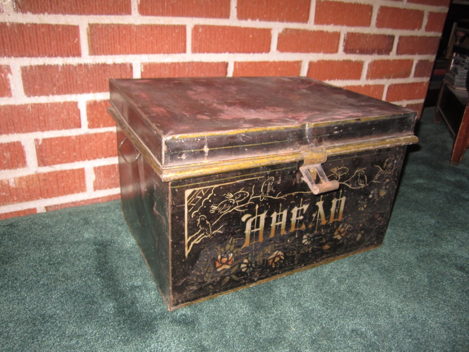 Antique Primitive Black Tin Bread Box with Stenciled Birds