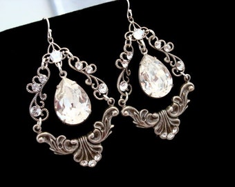 Crystal chandelier earrings, Rhinestone Bridal earrings, Wedding jewelry, Vintage style earrings, Wedding earrings, Antique silver earrings