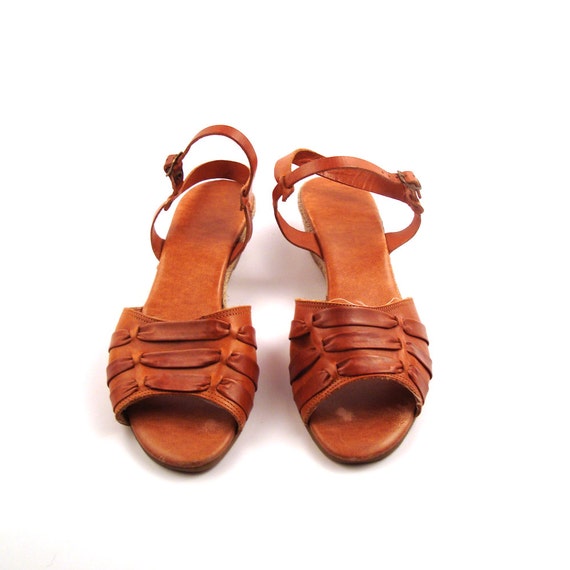 Wedge Sandals Vintage 1970s Brown Carmel Leather Women's 9