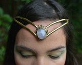 Elven Fairy Pixie Brass Goddess Moonstone Crystal Stone Flower Leaf Tiara Crown Head Piece OOAK
