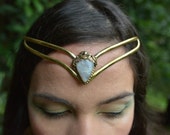 Elven Fairy Pixie Brass Goddess Moonstone Crystal Stone Flower Leaf Tiara Crown Head Piece OOAK