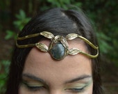 Elven Fairy Pixie Brass Goddess Moss Agate Crystal Stone Leaf Tiara Crown Head Piece OOAK