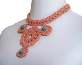 Crochet Necklace Neutral Color in Medallions with Turquoise Beads