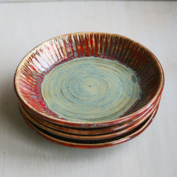 RESERVED For Stephanie Page Rustic Ceramic Plates In Red And   Il Fullxfull.427927887 T7c0 