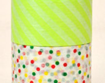 mt Washi Masking Tape - Lime Green Stripes & Confetti Dots - Wide Set 2 - C (15m rolls)