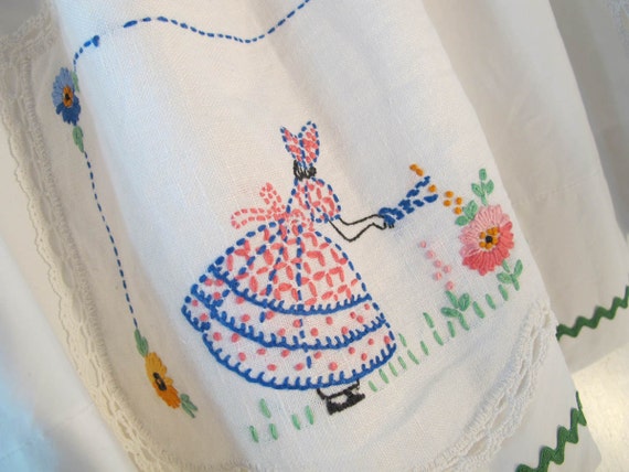 Garden Girl Embroidery Valance Upcycle Linens Window