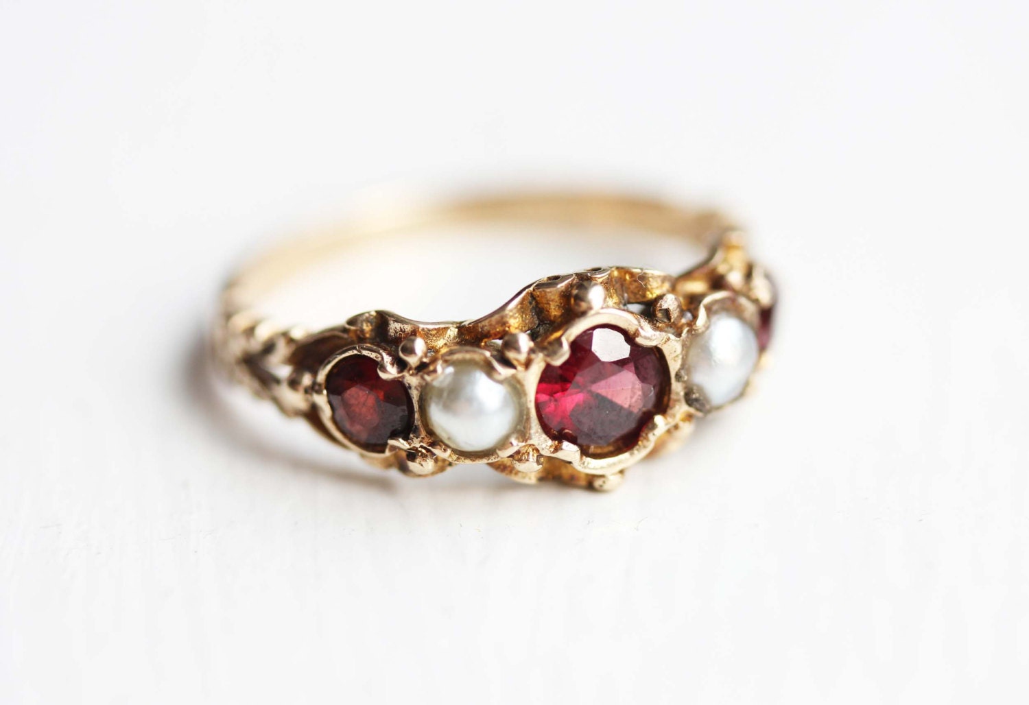 9K Victorian Ruby and Pearl Ring