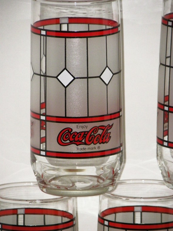 Vintage Coca Cola Stained Glasses Set of Six 16 Ounce Frost On