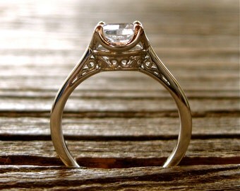 White Sapphire Engagement Ring in 14K White Gold with Diamonds Scrolls and Filligree Size 6