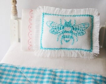 1:12 Turquoise Bee Pillow Handmade Dollhouse Scale Miniature - Shabby Cottage Chic French *Free Shipping*