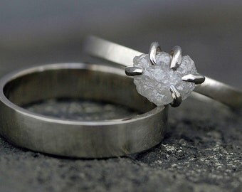 Prong-Set Rough Large Diamond Engagement Ring and Wedding Band in 14k White or Yellow Gold- Size E Diamonds