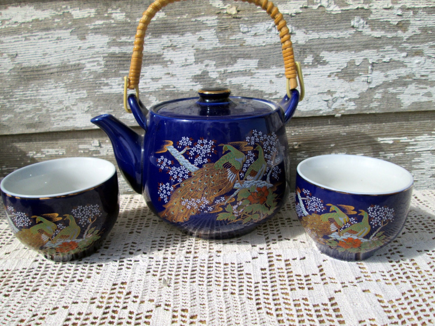 Vintage Japanese Tea Set Cups Teapot and vase Cobalt blue Hand