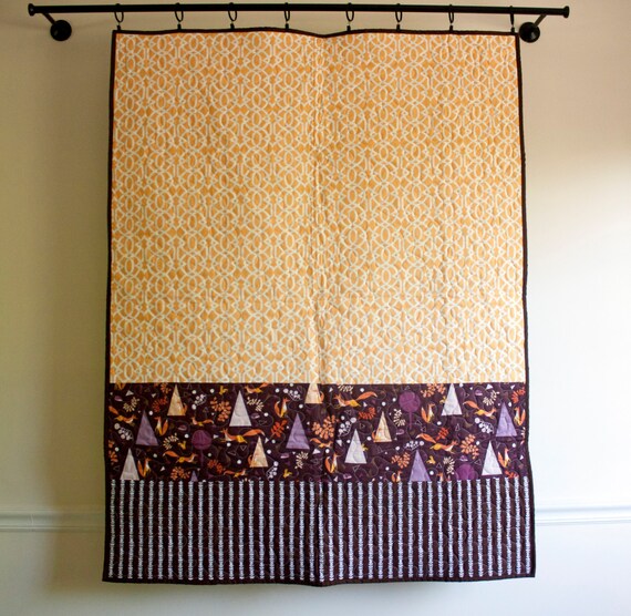 outfoxed baby quilt // brown yellow purple whimsical foxes