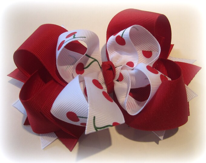 Boutique Hairbow, Girls Hair Bows, Red Cherries Bow, Triple Layer Bows, Big Boutique Bows, Cherry Hairbow, Red Bow, Baby Headband, Todler