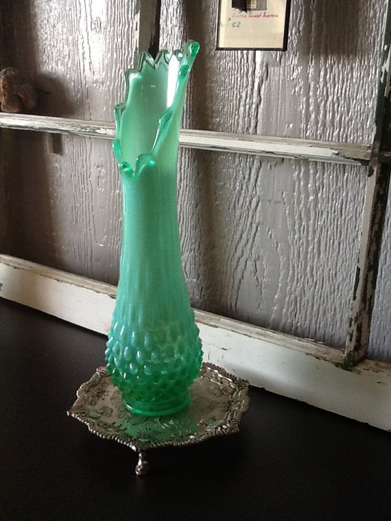 Vintage Fenton Green Opalescent Hobnail Swung Vase