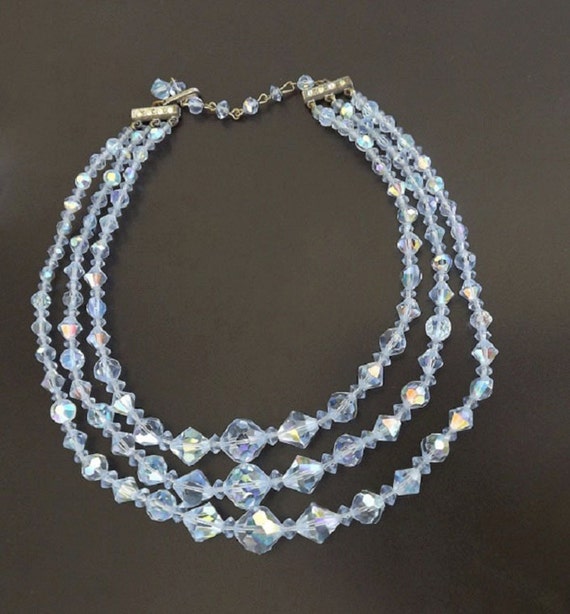 Vintage Blue Crystal Necklace 3 Strand 1950s Dressy Formal