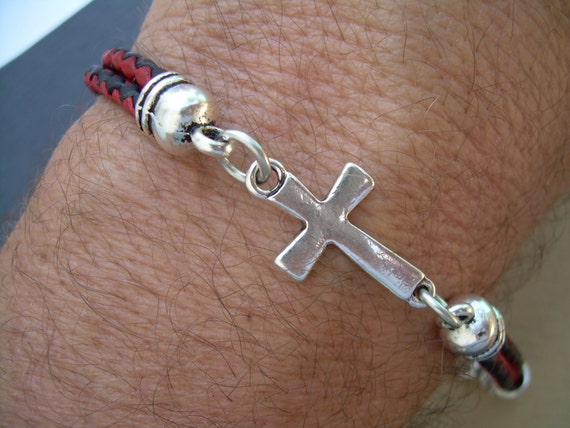 Leather Bracelet Cross Cross Bracelet Mens by UrbanSurvivalGearUSA