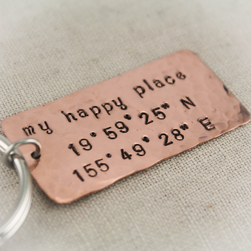 My Happy Place Latitude and Longitude Hand Stamped Personalized Copper, Aluminum, or Brass Key Chain