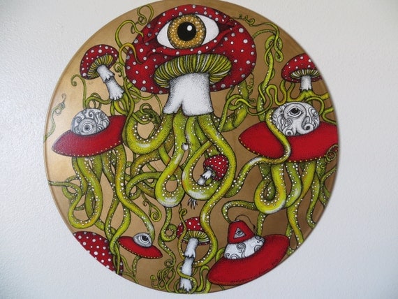 12" Vinyl Record Original Painting with Pen and Ink Pointillism All Seeing Eye Octopus Mushrooms and Aliens