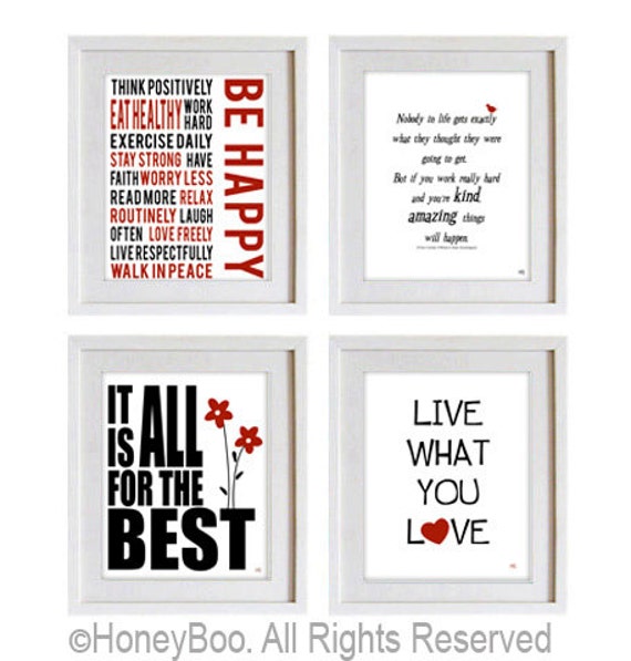 Set of 4 posters positive quotes art prints black red by HoneyBoo