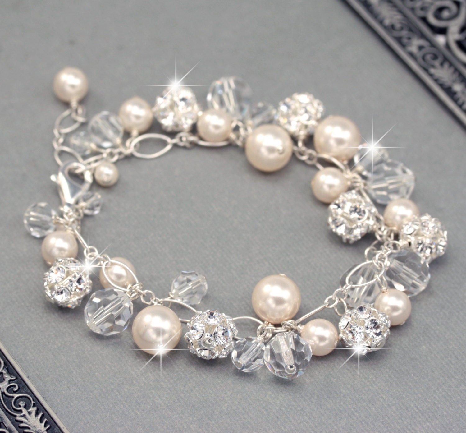 Wedding Bracelet Bridal Charm Bracelet Chunky Pearl Crystal