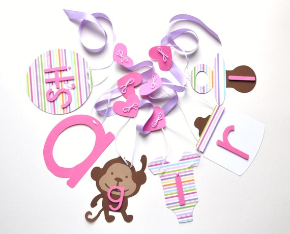 Purple and pink baby shower decorations monkey it's a girl banner by ParkersPrints on Etsy Il_570xn