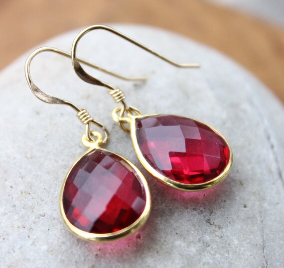 Ruby Earrings : Gold Red Ruby Quartz Gemstone Earrings - Teardrops ...