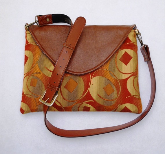 Brown Leather Messenger Bag Handmade Upcycled Geo Print ON SALE! 50% ...