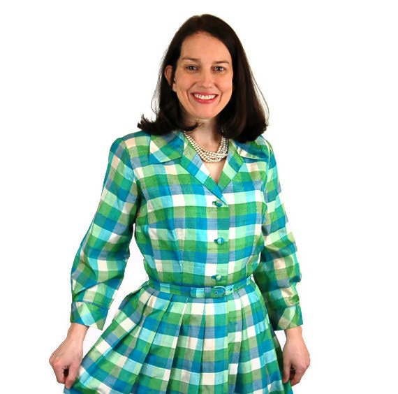 1950s dress, shantung silk dress, plaid dress, shirtwaist, blue green, checkered, pleated dress, spring fashion, Size S/M