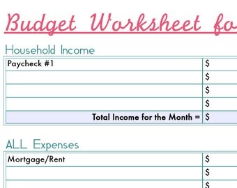 Monthly Budget Worksheet Printable - Digital File Download