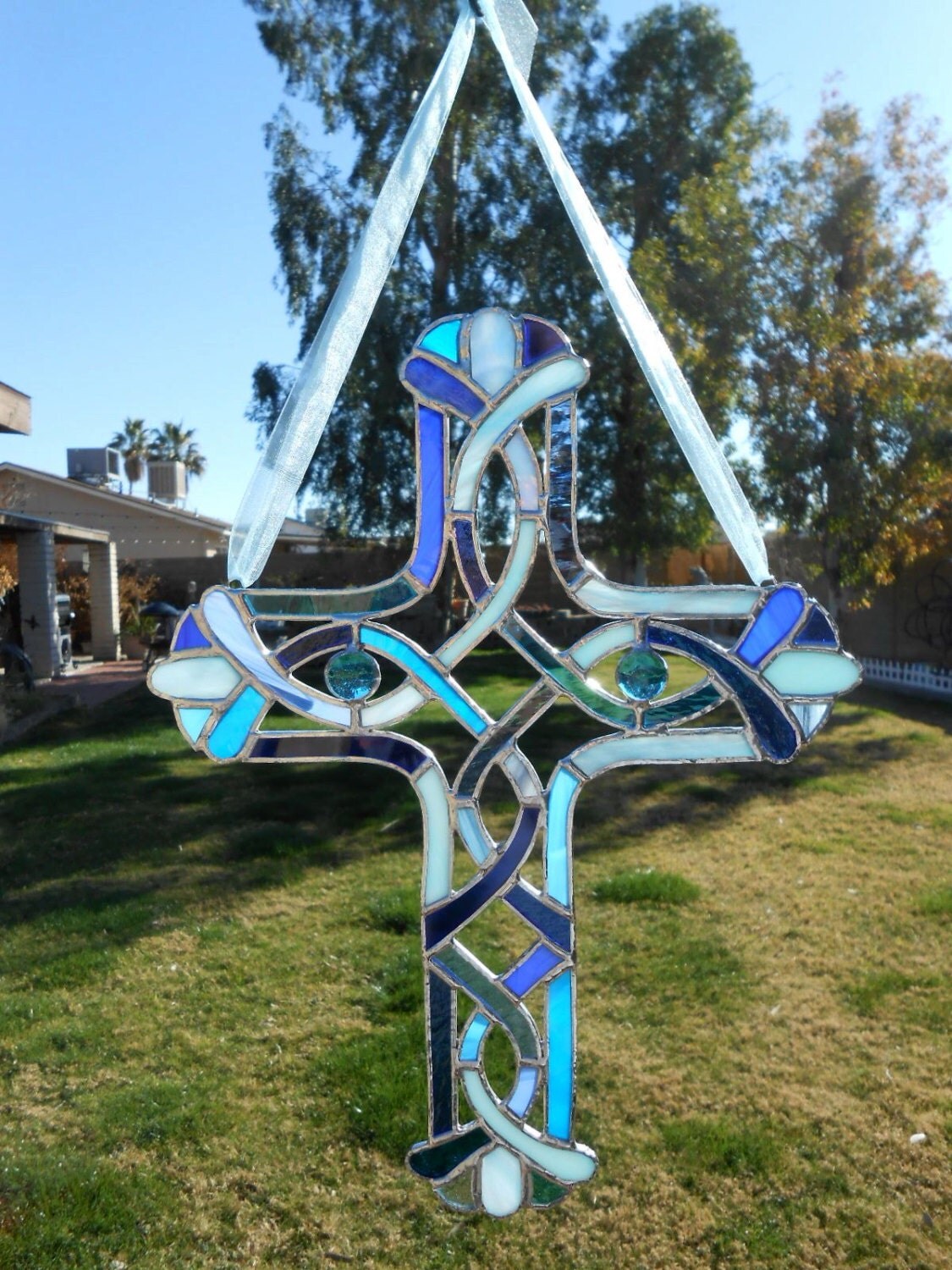 Large Stained Glass Celtic CrossBlueSuncatcherEaster