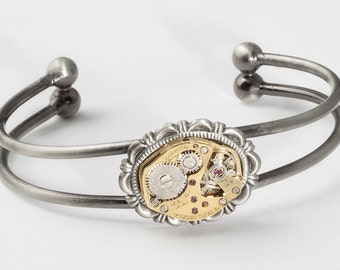 Steampunk Cuff Bracelet Vintage Bulova gold watch movement gears silver Victorian Gift Clock work Steampunk jewelry Steampunk Nation