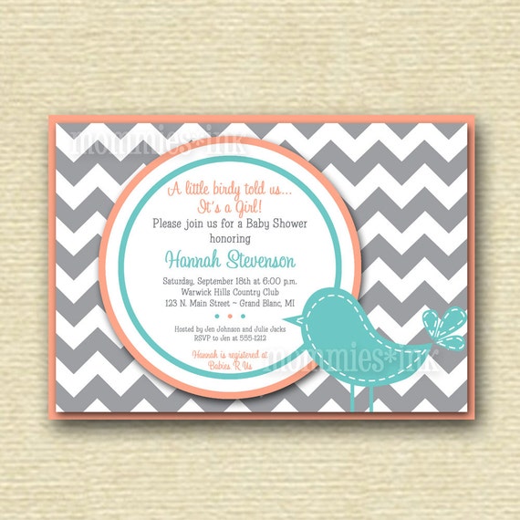 Preppy Chevron Bird Baby Shower Invitation - Gray Coral and Turquoise - PRINTABLE INVITATION DESIGN Il_570xn