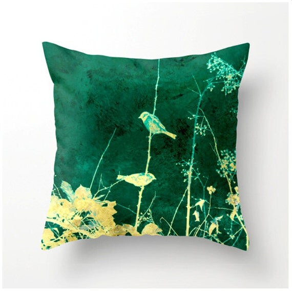 Items similar to BIRDS on a VINE decorative throw pillow - yellow teal turquoise aqua accent ...