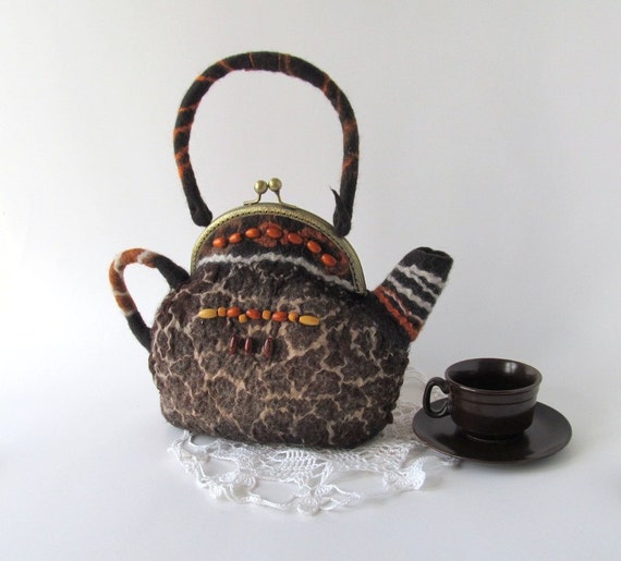 Felted teapot purse Africa brown dark tiger handbag by galafilc
