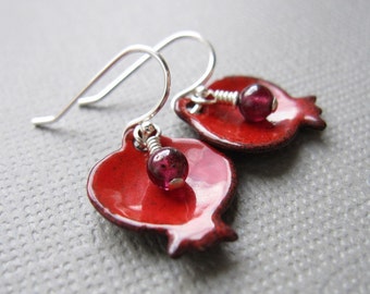 Pomegranate Earrings Red Enamel Garnet Sterling Silver Judaica