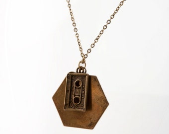 Hand Engraved Bruce Springsteen Song Lyric Necklace with Cassette Tape Charm and Brass Hexagon