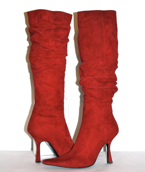 Vintage GIANNI VERSACE Boots Red Suede Ruched Slouch Stiletto