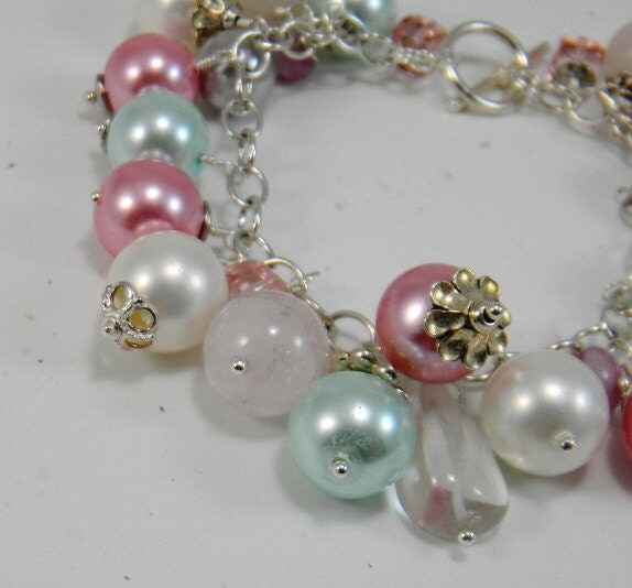 Pink and Green Pearl Cluster Bracelet Multi-color Pastel Pearl