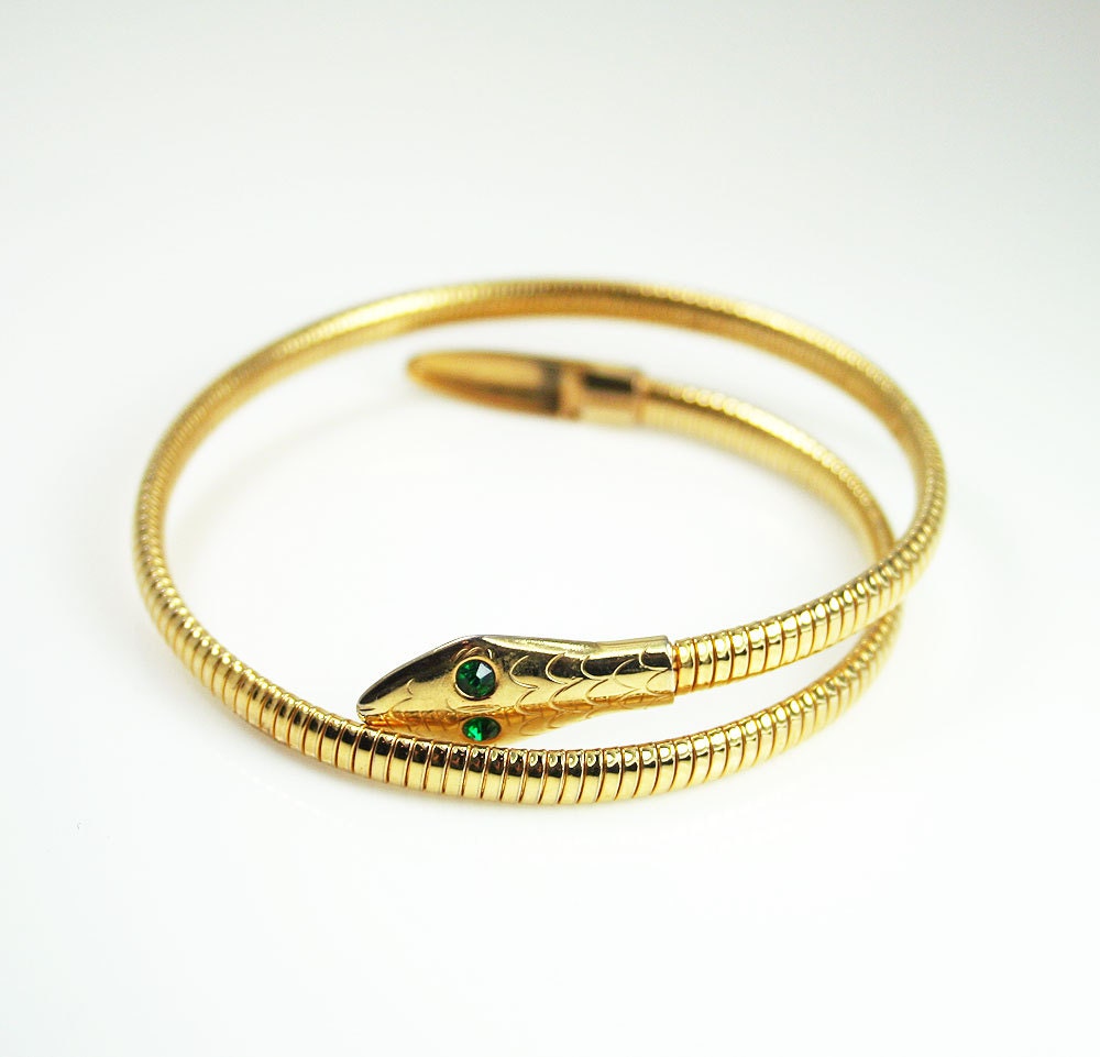 Vintage Snake Coil Bracelet Gold Tone Green Rhinestone Jewelry
