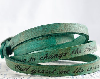 Serenity Prayer on Ultra Long Leather Wrap Bracelet in Aqua Green