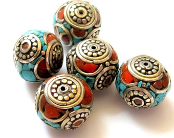 Nepalese oval shaped brass beads with turquoise coral inlaid - 2 beads - BD239