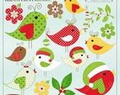Christmas Chatter Birds Cute Digital Clipart for Card Design, Scrapbooking, and Web Design, Christmas Clipart Il_170x135